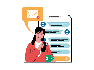 Aufkleber - Social network concept with character situation. Woman chats with friend and receives new messages, communicates online using mobile app. Illustrations with people scene in flat design for web