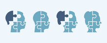 Set With Puzzle Head. Head Of Woman And Man. Puzzle Pieces.