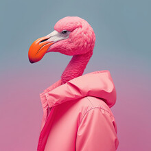 Fashion Flamingo In Coat. Magenta Pink Monochrome Portrait. Generative