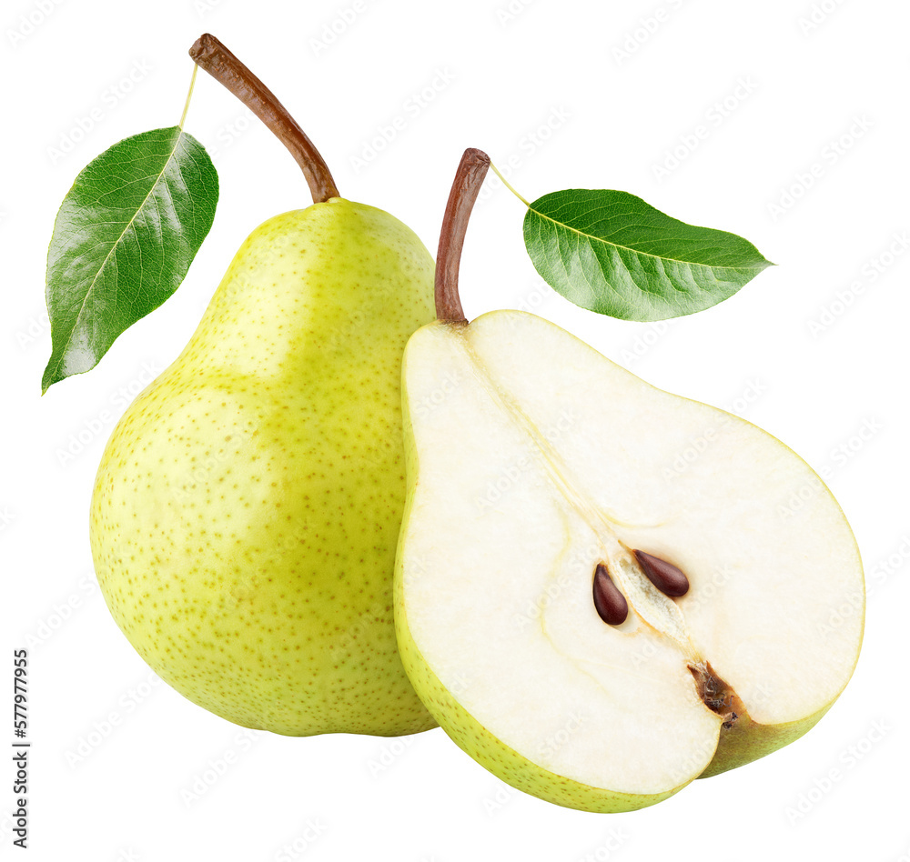 Green yellow pear fruit with pear half and green leaves isolated on ...