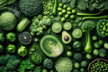 Healthy Natural Green Food Lay Out Texture Background. Created With Generative AI Technology.