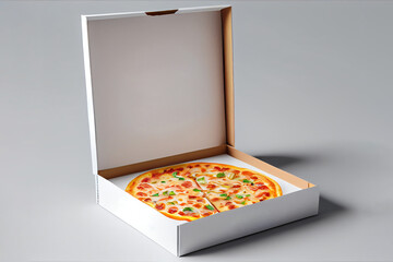 Wall Mural - Pizza in a cardboard box on a light background. Space for your text. AI Generated