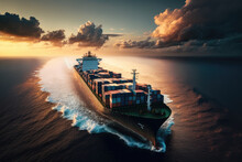 Aerial View To Cargo Ship With Containers On Deck In Open Sea On Beautiful Sunset, Cargo Transportation. Long Big Cargo Vessel Carrying Export Goods By Ocean, Reliable Cargo Carrier, Generative AI