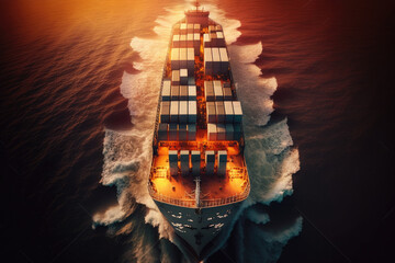 Canvas Print - Aerial view to cargo ship with containers on deck in open sea on beautiful sunset, cargo transportation. Long big cargo vessel carrying export goods by ocean, reliable cargo carrier, generative AI