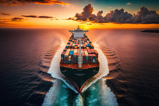 Aerial view to cargo ship with containers on deck in open sea on beautiful sunset, cargo transportation. Long big cargo vessel carrying export goods by ocean, reliable cargo carrier, generative AI