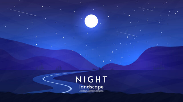 vector illustration, flat style design. night landscape illustration. hills with the road. moonlight