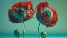  Two Red Flowers With Green Stems On A Blue Background With Water.  Generative Ai
