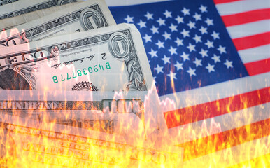 Poster - Us flag in fire. Burning dollars metaphor of crisis. Economic crisis in USA. Problems in american economy. Collapse of financial market USA. Crisis of financial and banking sear of USA. 3d image