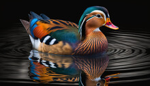 Portrait Of A Mandarin Duck Swimming On The Water. Wildlife Poster And Wallpapers Created With Generative AI.