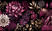  A Picture Of A Bunch Of Flowers On A Black Background With Purple And Gold Colors And A Black Background With White And Pink Flowers And Green Leaves.  Generative Ai