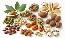  A Variety Of Nuts And Nutshells On A White Background With A Green Leaf On Top Of Them And A White Background With A White Background.  Generative Ai