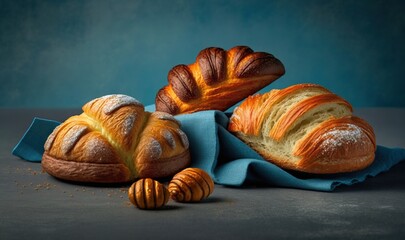  two loaves of bread sitting on top of a blue cloth next to a loaf of bread and a piece of bread on a blue cloth.  generative ai