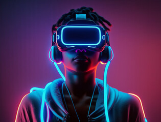 Young man with neon lights wearing VR headset and experiencing virtual reality simulation, metaverse and fantasy world.
