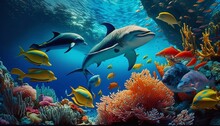 Dolphins And A Reef Undersea Environment. Electronic Collage Images As Wallpaper.