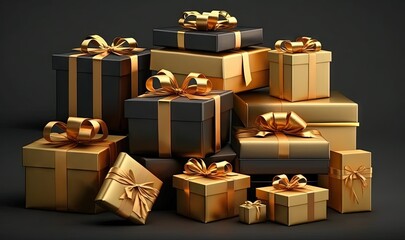  a pile of gold wrapped presents with bows and ribbons on them, all stacked up together, with a black background, with a black background.  generative ai