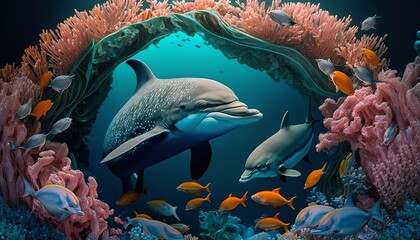 Wall Mural - Dolphins and a reef undersea environment. electronic collage images as wallpaper.