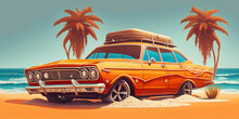 70s, 80s Retro Vintage Style Car On The Ocean Sandy Beach. Fashionable Poster Simple Graphic Old Fashioned Orange Racing Car And Palm Trees.