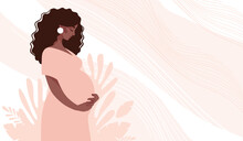 Beautiful Black Pregnant Woman Banner With Copy Space, Concept Of Pregnancy, Family, Parenthood. Card For Design. Vector Flat Illustration On A Pink Background.