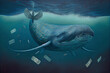A big whale swims underwater among the money. Generative AI.