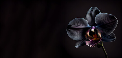 dark purple orchid flower in black background generative ai