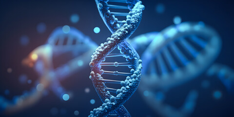 Concept Medical blue Banner with sun light, code of genetic human Spiral DNA polygonal. Generation AI
