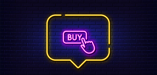 Wall Mural - Neon light speech bubble. Click to Buy line icon. Online Shopping sign. E-commerce processing symbol. Neon light background. Buy button glow line. Brick wall banner. Vector