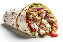 Shawarma Or Doner With Chicken Roll On Isolated White Background. Turkish Fast Food . Generation AI.