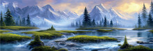 Mountain Landscape With Stormy River With Forest Vector Illustration. Cartoon Flat Countryside Beautiful Nature With Green Trees, River Water Mountains Silhouettes. Seasonal Panoramic View Background
