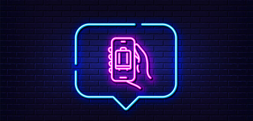 Poster - Neon light speech bubble. Baggage app line icon. Hand hold phone sign. Cellphone with luggage screen notification symbol. Neon light background. Baggage app glow line. Brick wall banner. Vector