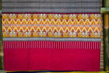 Beautiful Colorful Traditional Textile Is Woven Local Fabrics With Unique Craftsmanship Famous Sarong Of People In Mae Chaem District Chiang Mai, Thailand.