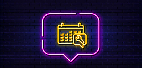 Poster - Neon light speech bubble. Spanner tool line icon. Repair service calendar sign. Fix instruments symbol. Neon light background. Spanner glow line. Brick wall banner. Vector