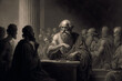 Socrates standing in front of a group of judges and citizens in the agora, as described by Plato. Socrates has a composed and wise expression. generative ai
