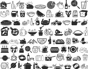 Wall Mural - 70 food and drink icon set, food and drink icon set of 70 icons black vector