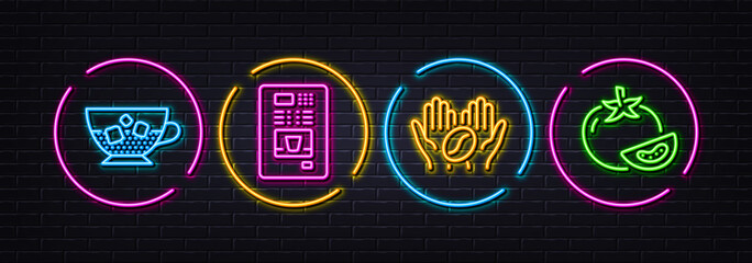 Poster - Coffee, Coffee vending and Tomato minimal line icons. Neon laser 3d lights. For web, application, printing. Roasted bean, Ice cubes in beverage, Fresh vegetable. Neon lights buttons. Vector