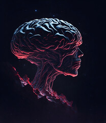 human brain suspended in the vastness of space, a surreal depiction of a red brain surrounded by sta