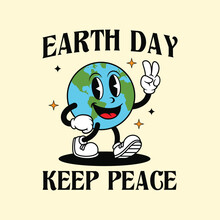 Retro Cartoon Walking Earth Mascot Character Smiling With Peace Hand.earth Day.for Print Or Tshirt Design. Vector Illustration