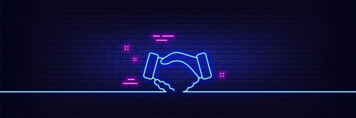 Poster - neon light glow effect. handshake line icon. hand gesture sign. business deal palm symbol. 3d line n