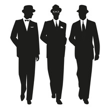 Silhouette Of Three Men Wearing Elegant Retro Style Walking Isolated On White Background