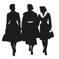 Silhouette of three ladies dressed in retro style walking isolated on white background