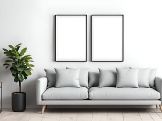 Two blank picture frame mockup on white wall, stylish modern living room design, view of modern scandinavian style interior with sofa. Vertical templates for artwork, painting, photo or poster