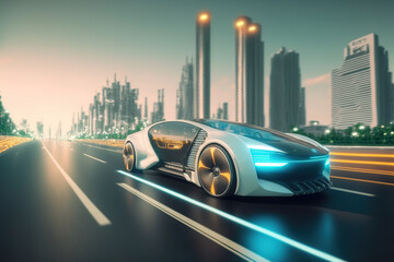 Fast electric car with luxury futuristic autonomous sensor software driving on road in downtown city center against skyscrapers in background . Sublime Generative AI image .