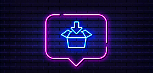Poster - Neon light speech bubble. Get box line icon. Open delivery parcel sign. Cargo package symbol. Neon light background. Get box glow line. Brick wall banner. Vector