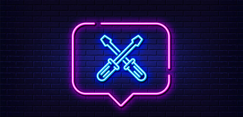 Poster - Neon light speech bubble. Screwdriver line icon. Repair service sign. Fix instruments symbol. Neon light background. Screwdriverl glow line. Brick wall banner. Vector