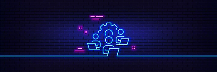 Wall Mural - Neon light glow effect. Teamwork line icon. Remote office sign. Team employees symbol. 3d line neon glow icon. Brick wall banner. Teamwork outline. Vector