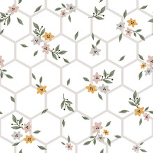 Honeycomb Seamless Pattern With Doodle Flowers. Design For Textile, Decoration, Cards, Paper Goods, Background, Wallpaper, Fabric And More. Vector Illustration