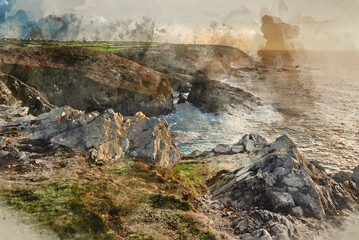 Canvas Print - Digital watercolour painting of Stunning sunset landscape image of Cornwall cliff coastline with tin mines in background viewed from Pendeen Lighthouse headland