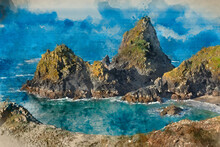 Digital Watercolour Painting Of Beautiful Dawn Landscape Over Kynance Cove In Corwnall England With Vibrant Sky And Beautiful Turquoise Ocean