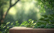 empty wooden tabletop podium in garden open forest, blurred green plants background with space. organic product presents natural placement pedestal display, spring and summer concept. Generative AI