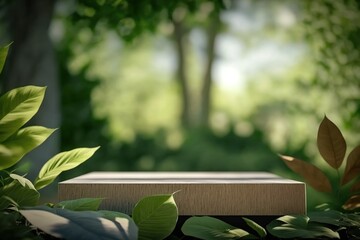 empty wooden tabletop podium in garden open forest, blurred green plants background with space. orga