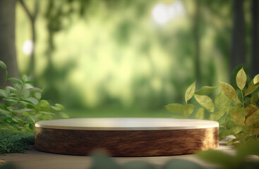 empty wooden tabletop podium in garden open forest, blurred green plants background with space. organic product presents natural placement pedestal display, spring and summer concept. Generative AI
